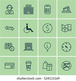 Set Of 16 Transportation Icons. Can Be Used For Web, Mobile, UI And Infographic Design. Includes Elements Such As Gift, Map, Office And More.