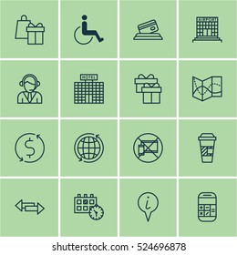 Set Of 16 Transportation Icons. Can Be Used For Web, Mobile, UI And Infographic Design. Includes Elements Such As Building, Card, Travel And More.