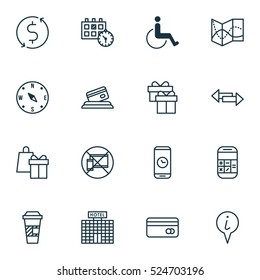 Set Of 16 Transportation Icons. Can Be Used For Web, Mobile, UI And Infographic Design. Includes Elements Such As Direction, Math, Present And More.