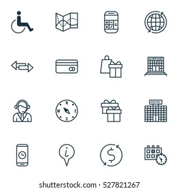 Set Of 16 Transportation Icons. Can Be Used For Web, Mobile, UI And Infographic Design. Includes Elements Such As Airfield Manufacture, World, Shopping And More.