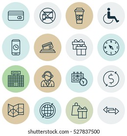 Set Of 16 Transportation Icons. Can Be Used For Web, Mobile, UI And Infographic Design. Includes Elements Such As Road Map, Plastic Card, Resort Development And More.