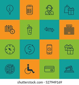 Set Of 16 Transportation Icons. Can Be Used For Web, Mobile, UI And Infographic Design. Includes Elements Such As Plastic Card, Drink Cup, Locate And More.