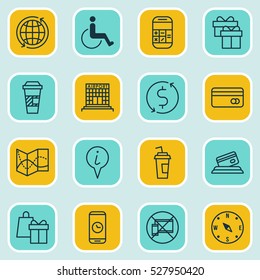 Set Of 16 Transportation Icons. Can Be Used For Web, Mobile, UI And Infographic Design. Includes Elements Such As Call Duration, Calculation, Locate And More.
