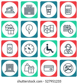 Set Of 16 Transportation Icons. Can Be Used For Web, Mobile, UI And Infographic Design. Includes Elements Such As Calculation, Accessibility, Operator And More.
