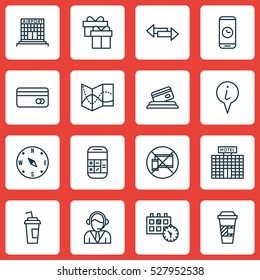Set Of 16 Transportation Icons. Can Be Used For Web, Mobile, UI And Infographic Design. Includes Elements Such As Locate, Road Map, Resort Development And More.