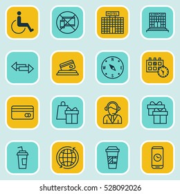Set Of 16 Transportation Icons. Can Be Used For Web, Mobile, UI And Infographic Design. Includes Elements Such As Accessibility, World, Crossroad And More.