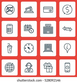Set Of 16 Transportation Icons. Can Be Used For Web, Mobile, UI And Infographic Design. Includes Elements Such As Calculation, Appointment, Resort Development And More.