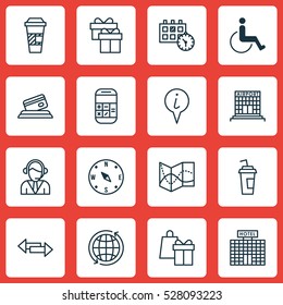 Set Of 16 Transportation Icons. Can Be Used For Web, Mobile, UI And Infographic Design. Includes Elements Such As Airfield Manufacture, Takeaway Coffee, Info Pointer And More.