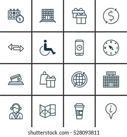 Set Of 16 Transportation Icons. Can Be Used For Web, Mobile, UI And Infographic Design. Includes Elements Such As Money Trasnfer, Accessibility, Takeaway Coffee And More.