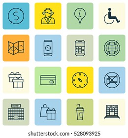 Set Of 16 Transportation Icons. Can Be Used For Web, Mobile, UI And Infographic Design. Includes Elements Such As Call Duration, Plastic Card, Money Trasnfer And More.