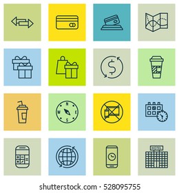Set Of 16 Transportation Icons. Can Be Used For Web, Mobile, UI And Infographic Design. Includes Elements Such As Credit Card, Drink Cup, Calculation And More.