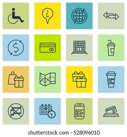 Set Of 16 Transportation Icons. Can Be Used For Web, Mobile, UI And Infographic Design. Includes Elements Such As Credit Card, Money Trasnfer, Appointment And More.