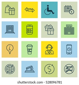 Set Of 16 Transportation Icons. Can Be Used For Web, Mobile, UI And Infographic Design. Includes Elements Such As Call Duration, Money Trasnfer, Forbidden Mobile And More.