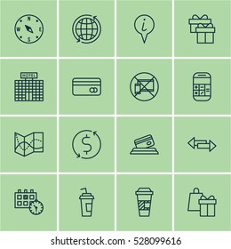 Set Of 16 Transportation Icons. Can Be Used For Web, Mobile, UI And Infographic Design. Includes Elements Such As Info Pointer, Forbidden Mobile, Road Map And More.