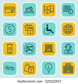 Set Of 16 Transportation Icons. Can Be Used For Web, Mobile, UI And Infographic Design. Includes Elements Such As Road Map, Call Duration, Airfield Manufacture And More.