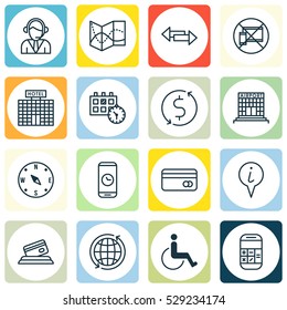 Set Of 16 Transportation Icons. Can Be Used For Web, Mobile, UI And Infographic Design. Includes Elements Such As Credit Card, Forbidden Mobile, Appointment And More.