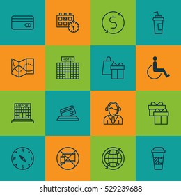 Set Of 16 Transportation Icons. Can Be Used For Web, Mobile, UI And Infographic Design. Includes Elements Such As World, Plastic Card, Money Trasnfer And More.