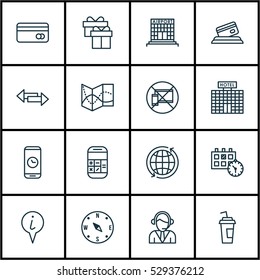 Set Of 16 Transportation Icons. Can Be Used For Web, Mobile, UI And Infographic Design. Includes Elements Such As Drink Cup, Crossroad, Calculation And More.