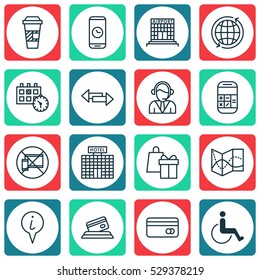 Set Of 16 Transportation Icons. Can Be Used For Web, Mobile, UI And Infographic Design. Includes Elements Such As Airfield Manufacture, Credit Card, Operator And More.
