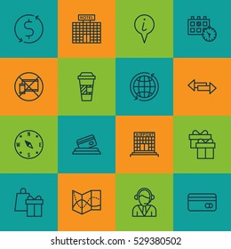 Set Of 16 Transportation Icons. Can Be Used For Web, Mobile, UI And Infographic Design. Includes Elements Such As Credit Card, World, Plastic Card And More.