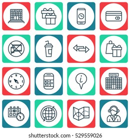 Set Of 16 Transportation Icons. Can Be Used For Web, Mobile, UI And Infographic Design. Includes Elements Such As Calculation, World, Locate And More.