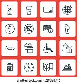 Set Of 16 Transportation Icons. Can Be Used For Web, Mobile, UI And Infographic Design. Includes Elements Such As Calculation, World, Takeaway Coffee And More.