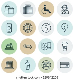 Set Of 16 Transportation Icons. Can Be Used For Web, Mobile, UI And Infographic Design. Includes Elements Such As Shopping, Drink Cup, Plastic Card And More.