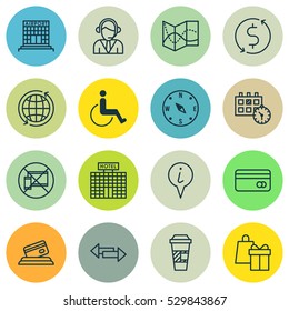 Set Of 16 Transportation Icons. Can Be Used For Web, Mobile, UI And Infographic Design. Includes Elements Such As Forbidden Mobile, Takeaway Coffee, Airfield Manufacture And More.