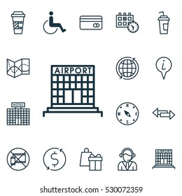 Set Of 16 Transportation Icons. Can Be Used For Web, Mobile, UI And Infographic Design. Includes Elements Such As Road Map, Operator, Shopping And More.