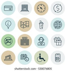 Set Of 16 Transportation Icons. Can Be Used For Web, Mobile, UI And Infographic Design. Includes Elements Such As Money Trasnfer, Locate, Drink Cup And More.