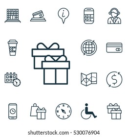 Set Of 16 Transportation Icons. Can Be Used For Web, Mobile, UI And Infographic Design. Includes Elements Such As Road Map, Credit Card, Info Pointer And More.