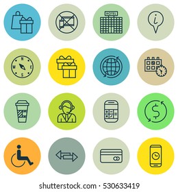 Set Of 16 Transportation Icons. Can Be Used For Web, Mobile, UI And Infographic Design. Includes Elements Such As Appointment, Info Pointer, Crossroad And More.
