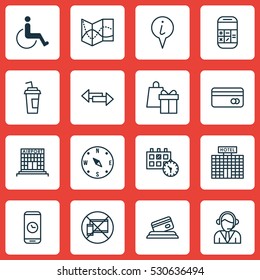 Set Of 16 Transportation Icons. Can Be Used For Web, Mobile, UI And Infographic Design. Includes Elements Such As Accessibility, Drink Cup, Appointment And More.