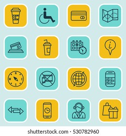 Set Of 16 Transportation Icons. Can Be Used For Web, Mobile, UI And Infographic Design. Includes Elements Such As Operator, Accessibility, Call Duration And More.