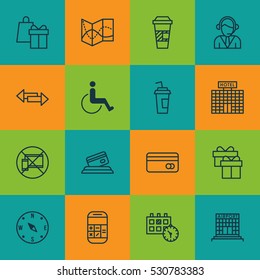 Set Of 16 Transportation Icons. Can Be Used For Web, Mobile, UI And Infographic Design. Includes Elements Such As Accessibility, Road Map, Present And More.