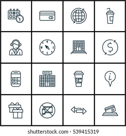 Set Of 16 Transportation Icons. Includes Locate, Info Pointer, Drink Cup And Other Symbols. Beautiful Design Elements.