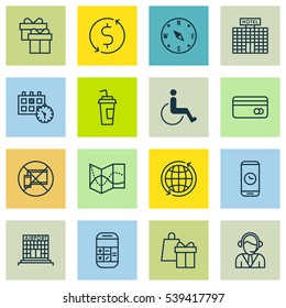 Set Of 16 Transportation Icons. Includes Forbidden Mobile, Resort Development, World And Other Symbols. Beautiful Design Elements.