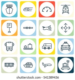 Set Of 16 Transportation Icons. Includes Metro, Transport, Speed Checker And Other Symbols. Beautiful Design Elements.