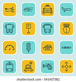 Set Of 16 Transportation Icons. Includes Road Pointer, College Transport, Plane And Other Symbols. Beautiful Design Elements.