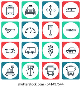 Set Of 16 Transportation Icons. Includes Roadsign, Safety Belt, Plane And Other Symbols. Beautiful Design Elements.