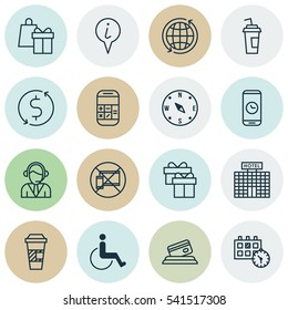 Set Of 16 Transportation Icons. Includes Resort Development, Info Pointer, Drink Cup And Other Symbols. Beautiful Design Elements.