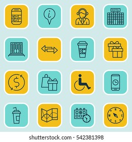 Set Of 16 Transportation Icons. Includes Present, Money Trasnfer, Crossroad And Other Symbols. Beautiful Design Elements.