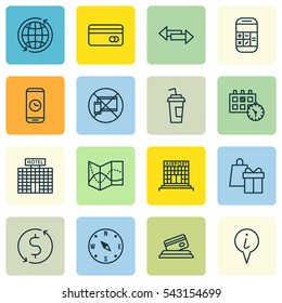 Set Of 16 Transportation Icons. Includes Resort Development, Forbidden Mobile, Airfield Manufacture And Other Symbols. Beautiful Design Elements.