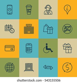 Set Of 16 Transportation Icons. Includes Operator, Crossroad, Takeaway Coffee And Other Symbols. Beautiful Design Elements.