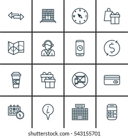 Set Of 16 Transportation Icons. Includes Plastic Card, Calculation, Resort Development And Other Symbols. Beautiful Design Elements.