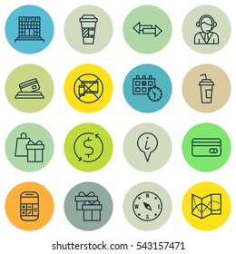 Set Of 16 Transportation Icons. Includes Forbidden Mobile, Takeaway Coffee, Drink Cup And Other Symbols. Beautiful Design Elements.