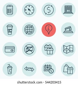 Set Of 16 Transportation Icons. Includes World, Shopping, Drink Cup And Other Symbols. Beautiful Design Elements.