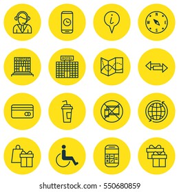 Set Of 16 Transportation Icons. Includes Airfield Manufacture, Road Map, Call Duration And Other Symbols. Beautiful Design Elements.