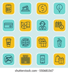 Set Of 16 Transportation Icons. Includes Present, Road Map, Credit Card And Other Symbols. Beautiful Design Elements.