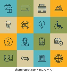 Set Of 16 Transportation Icons. Includes Credit Card, Resort Development, World And Other Symbols. Beautiful Design Elements.